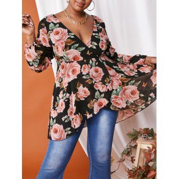 

Plus Size Flower Print High Low Chiffon Surplice Top, Black