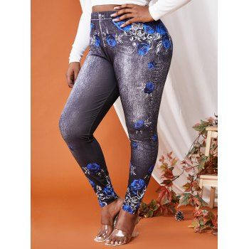 

Plus Size Flowers 3D Print High Waisted Skinny Jeggings, Black