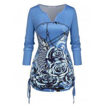 

Plus Size Rose Chains Print Cinched T-shirt, Blue