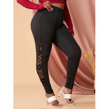 

Plus Size Flower Lace Insert High Waisted Skinny Leggings, Black