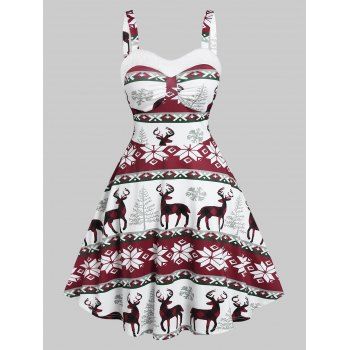 

Christmas Snowflake Elk Print Sleeveless Dress, Red