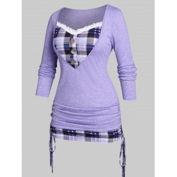 

Plus Size Plaid Cinched 2 in 1 T-shirt, Purple