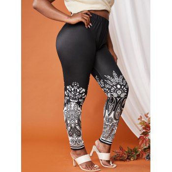 

Plus Size Paisley Flowers Print High Waisted Skinny Jeggings, Black