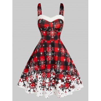 

Christmas Party Dress Plaid Snowflake Print Sleeveless Dress, Red