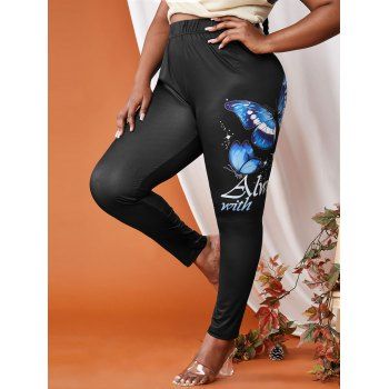 

Plus Size Letters Butterflies Graphic Print Skinny Leggings, Black