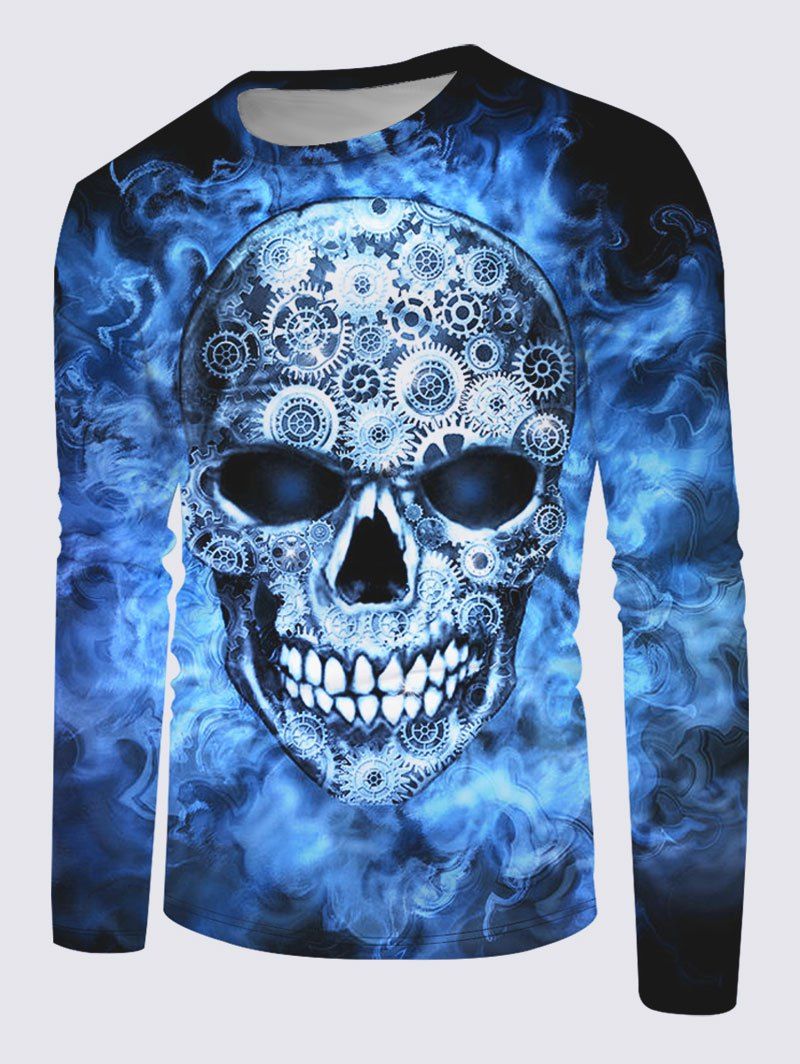 Long Sleeve Gears Skull Print T-shirt - multicolor 3XL