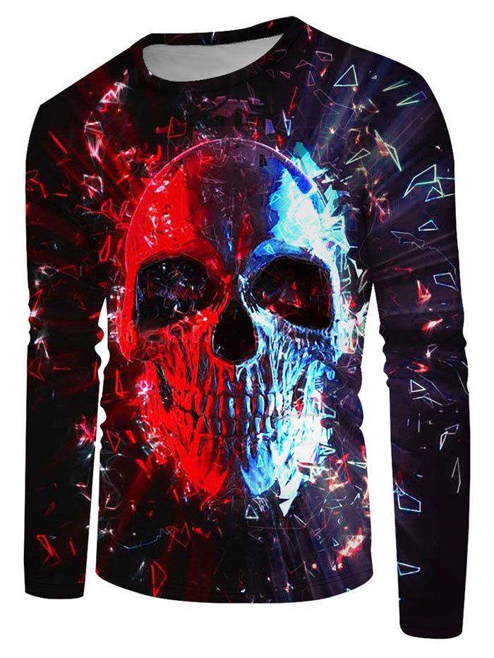 Long Sleeve Contrast Skull Print T-shirt - multicolor 3XL