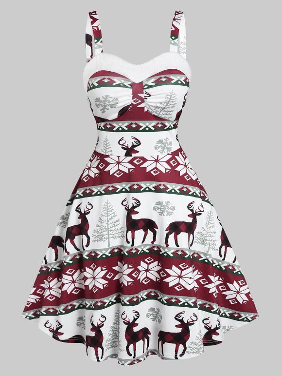 Robe de Noël à Imprimé Flocon de Neige et Cerf sans Manches - Rouge XXXL