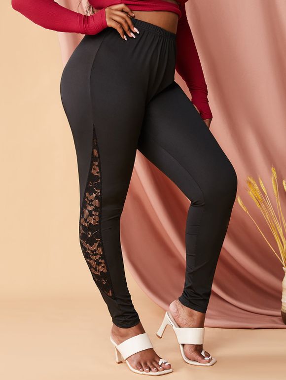 Legging Moulant Fleur en Dentelle Insérée à Taille Haute de Grande Taille - Noir 5X