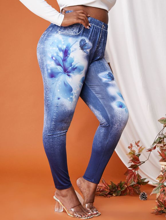 Legging à Imprimé 3D Papillon et Fleur à Taille Haute de Grande Taille - Bleu profond 5X