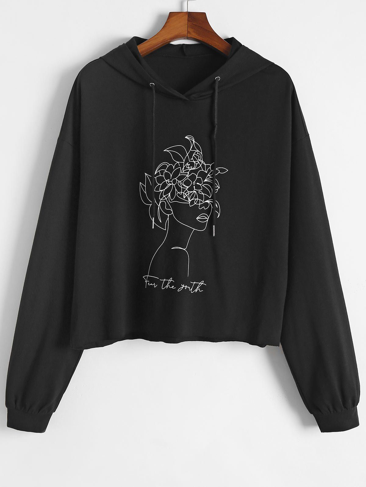 Plus Size Flower Girl Print Drop Shoulder Hoodie - BLACK 5XL
