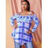 T-shirt à Imprimé Fleur à Carreaux à Epaule Dénudée de Grande Taille - Bleu clair 2X