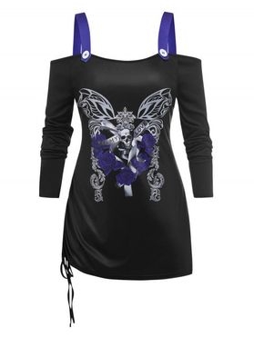 Plus Size Butterfly Skull Print Cold Shoulder Cinched T-shirt