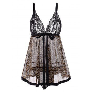 

Plus Size Leopard Lace Mesh Sheer Cami Babydoll Set, Black