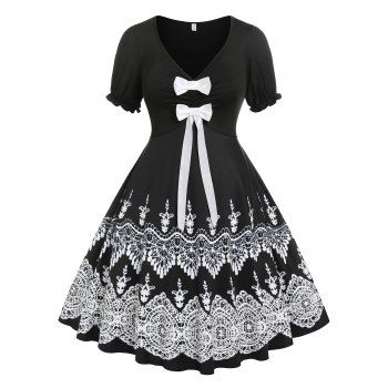 

Plus Size Bowknot Tribal Print Flare Dress, Black