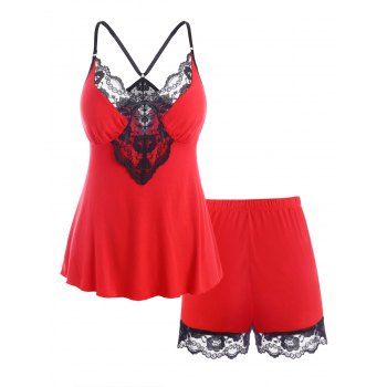 

Scalloped Edge Lace Panel Bustier Plus Size Sleep Cami Set, Red