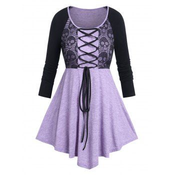 

Plus Size Halloween Skull Lace Panel Lace-up Tee, Multicolor