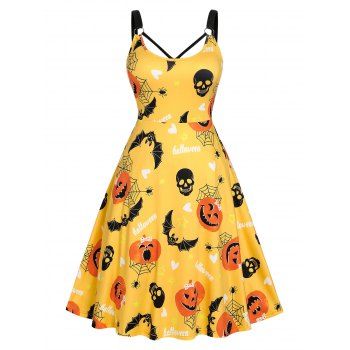 

Plus Size Bat Pumpkin Print Halloween Dress, Yellow