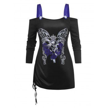 

Plus Size Butterfly Skull Print Cold Shoulder Cinched T-shirt, Black