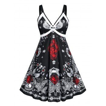 

Plus Size Paisley Skull Flower Halloween A Line Dress, Black