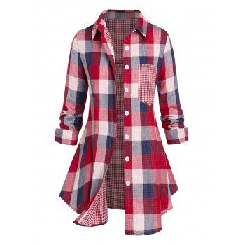 

Plus Size Plaid Gingham Chest Pocket Tunic Shirt, Red