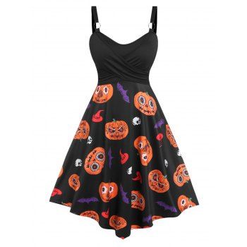 

Plus Size Crossover Pumpkin Print Halloween Dress, Black