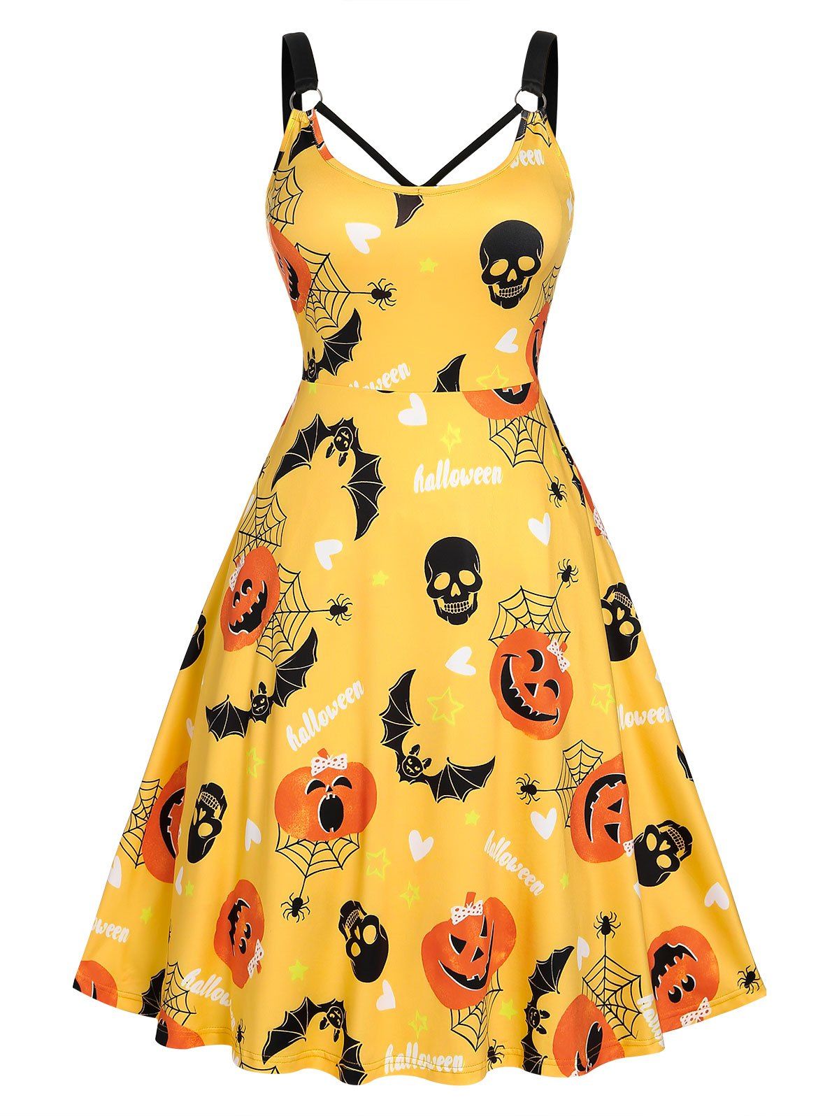Robe D'Halloween à Imprimé Citrouille et Chauve-souris de Grande Taille - Jaune 2X
