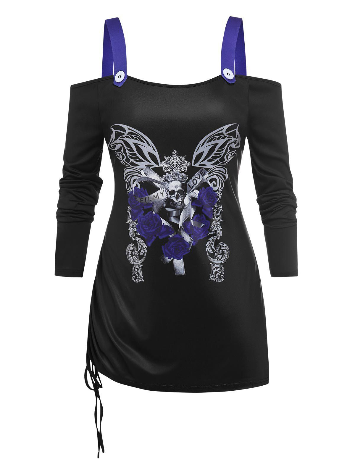 T-shirt à Imprimé Papillon Crâne à Epaule Dénudée de Grande Taille - Noir 4X