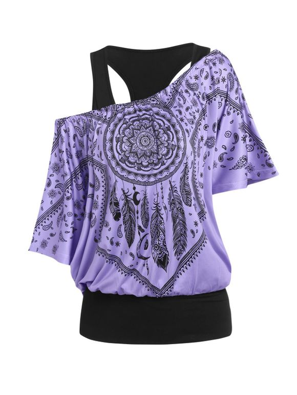 T-Shirt Dos Au Nageur Imprimé Paisley et Débardeur - Violet clair XL
