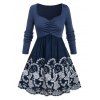 Plus Size Ruched Flower Embroidered T-shirt - DEEP BLUE 1X