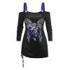 T-shirt à Imprimé Papillon Crâne à Epaule Dénudée de Grande Taille - Noir 1X