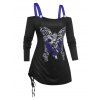 Plus Size Butterfly Skull Print Cold Shoulder Cinched T-shirt - BLACK 3X