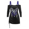 Plus Size Butterfly Skull Print Cold Shoulder Cinched T-shirt - BLACK 3X