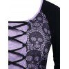 Plus Size Halloween Skull Lace Panel Lace-up Tee - multicolor 2X