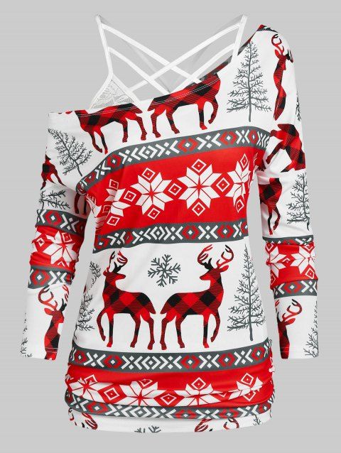 Christmas Deer Snowflake Print T-shirt with Flower Lace Cami Top