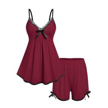 

Plus Size Lace Trim Piping Pajama Cami Top and Shorts Set, Deep red