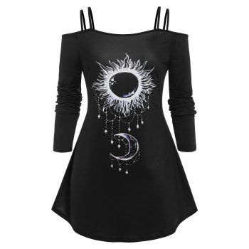 

Plus Size Cold Shoulder Sun Moon Print Tee, Black