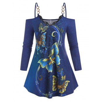 

Plus Size Butterfly Chain Open Shoulder Cutout Tee, Blue