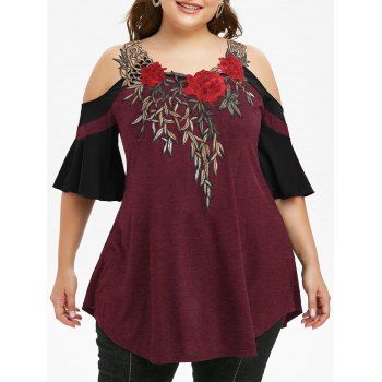 

Plus Size Embroidered Cold Shoulder T Shirt, Deep red