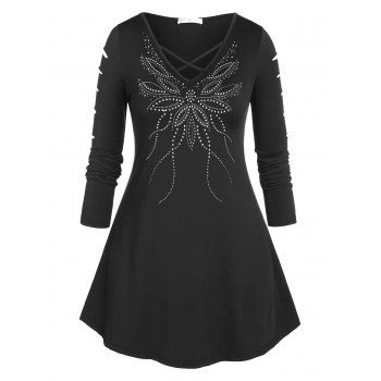 

Plus Size Rhinestone Flower Ripped Long Sleeve Tee, Black