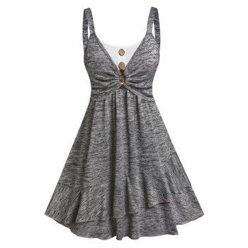 Button O Ring Heathered Flounce Flare Dress