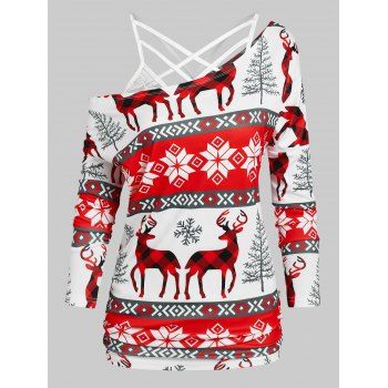 

Christmas Deer Snowflake Print T-shirt with Flower Lace Cami Top, Red