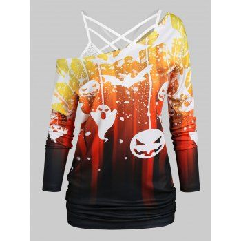 Women Halloween Bat Pumpkin Print T-shirt with Flower Lace Cami Top Clothing White