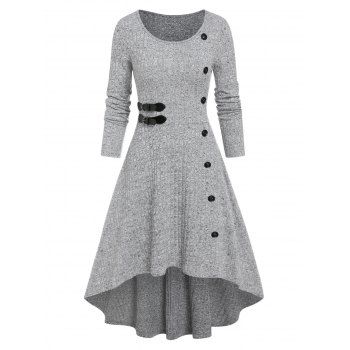 

Knitted Button Buckle Asymmetric Dip Hem Dress, Light gray
