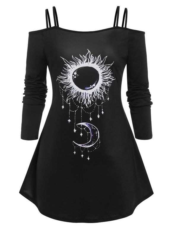 T-shirt à Imprimé Soleil et Lune à Epaule Dénudée de Grande Taille - Noir 5X