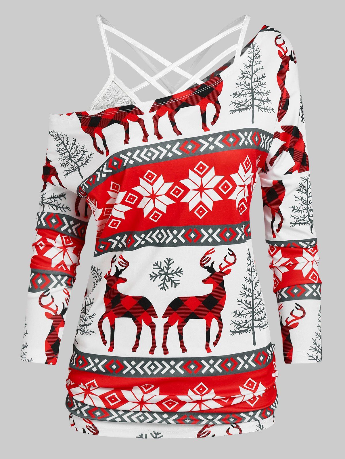 T-shirt Cerf de Noël Flocon de Neige et Haut en Dentelle à Bretelle - Rouge XL