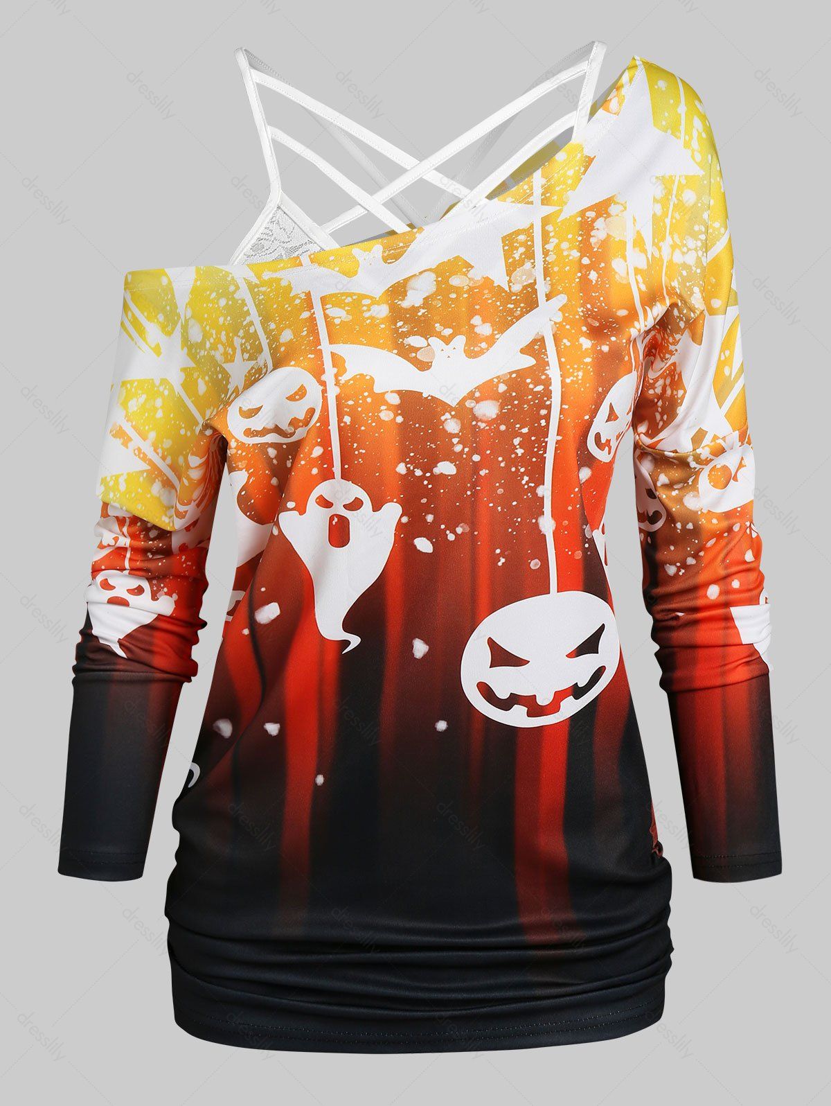 T-shirt D'Halloween à Imprimé Citrouille et Chauve-souris avec Haut à Bretelle en Dentelle - Orange Foncé XXXL