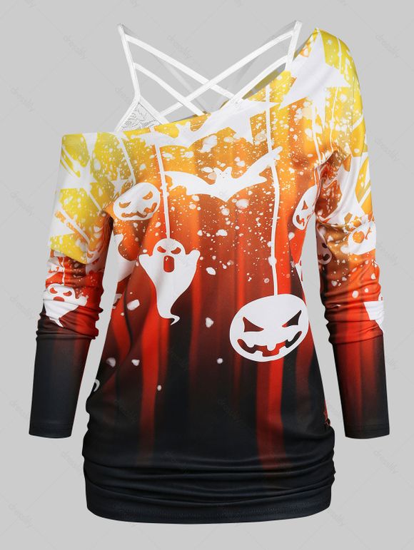 T-shirt D'Halloween à Imprimé Citrouille et Chauve-souris avec Haut à Bretelle en Dentelle - Orange Foncé XXXL