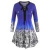 T-shirt Ombré Imprimé de Grande Taille à Manches Longues à Lacets - Bleu 1X