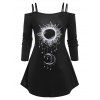 T-shirt à Imprimé Soleil et Lune à Epaule Dénudée de Grande Taille - Noir 1X